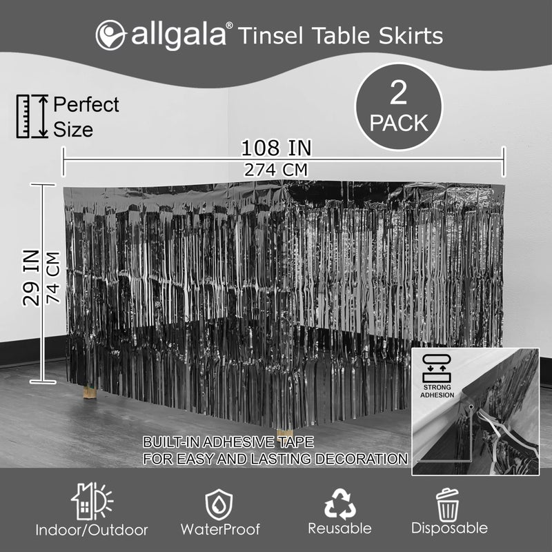allgala Black Tinsel Table Skirt 2-Pack 29x108 Inch Metallic Foil Fringe Table Skirts for Party Event, Parade Float, Party Decoraton - Image 3